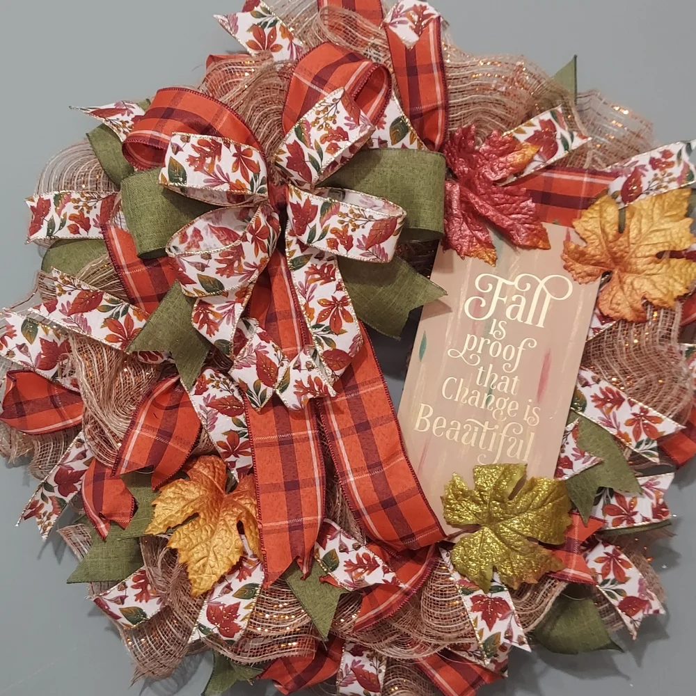 Festive Fall Wreath with Plaid and Floral Design